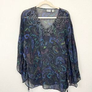 Chico's Womens Sheer Paisley Dolman Blouse Top Size M/L 100% Silk Beaded Party